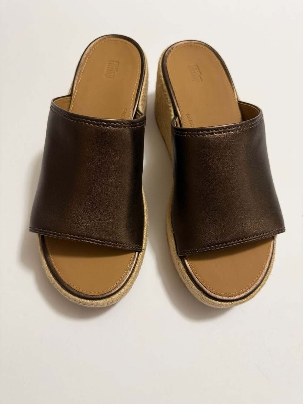 FitFlop Platfforms Espadrille Leather Wedge Slides Size 08 Metallic Chocolate